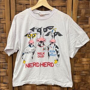 Vintage 1988 Single Stitch Long Overdue Nerd Herd Kids White Graphic T-Shirt